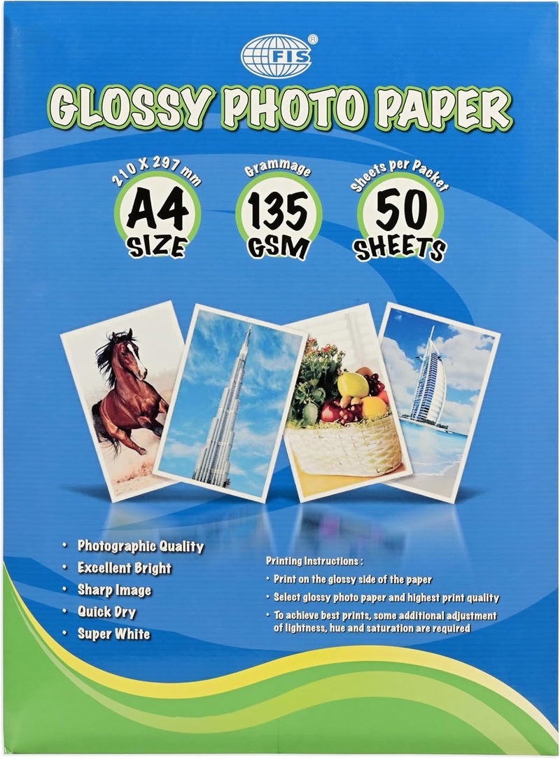FIS Glossy Photo Paper, A4 Size (210x297mm), 135 GSM, 50 Sheets per Pack - Image 4