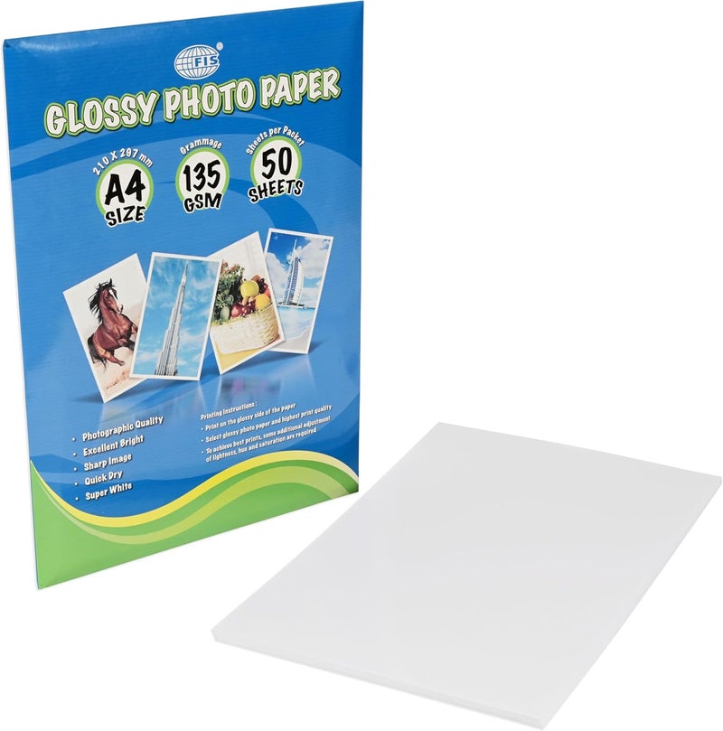 FIS Glossy Photo Paper, A4 Size (210x297mm), 135 GSM, 50 Sheets per Pack - Image 1