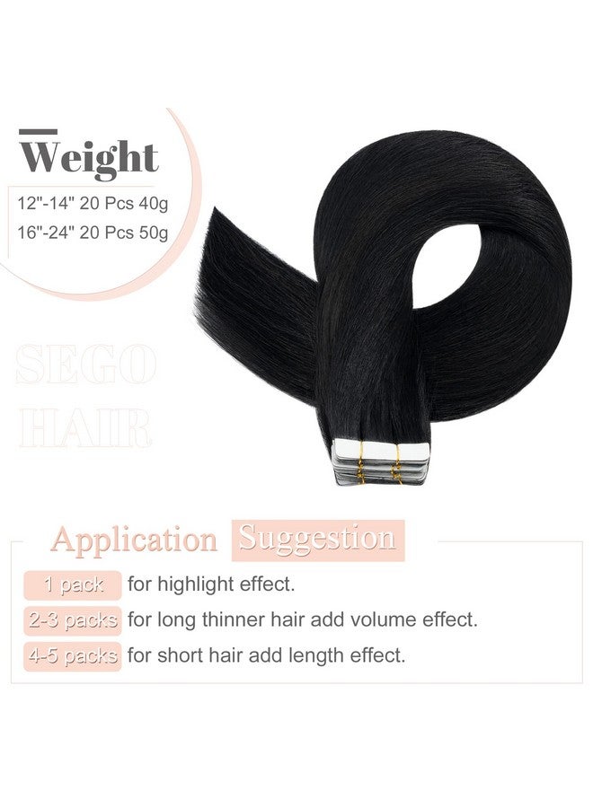 SEGO Tape In Hair Extensions Human Hair 16 Inch Jet Black 20Pcs 50G Straight Natural 100% Remy Rooted Seamless Skin Weft Invisible Double Sided Tape Hair For Women - Image 3