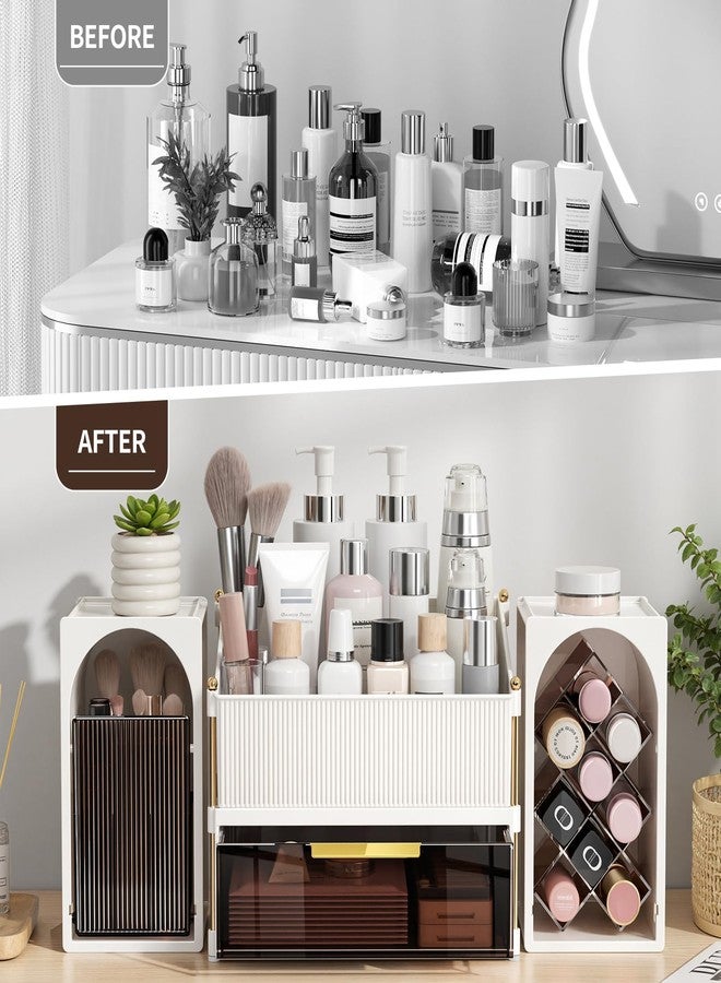 Seoneiro Makeup Organizer with Drawers, Cosmetic Storage for Dresser Countertop and Bathroom Vanity, Beauty Holder for Lipstick Brush Skincare Display case (Milky White + Dark Brown) - Image 3
