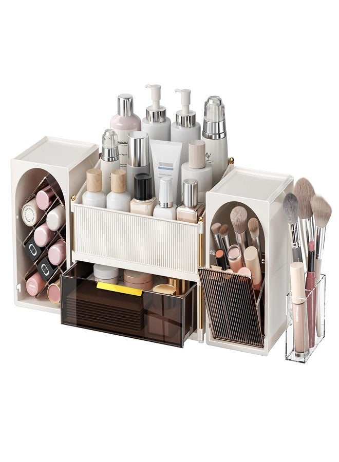 Seoneiro Makeup Organizer with Drawers, Cosmetic Storage for Dresser Countertop and Bathroom Vanity, Beauty Holder for Lipstick Brush Skincare Display case (Milky White + Dark Brown) - Image 1