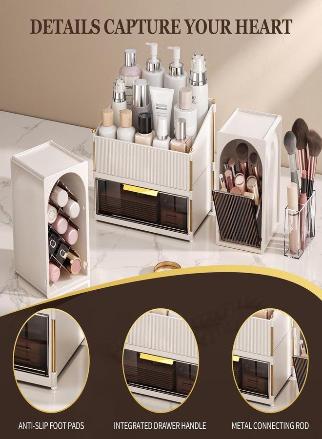 Seoneiro Makeup Organizer with Drawers, Cosmetic Storage for Dresser Countertop and Bathroom Vanity, Beauty Holder for Lipstick Brush Skincare Display case (Milky White + Dark Brown) - Image 4