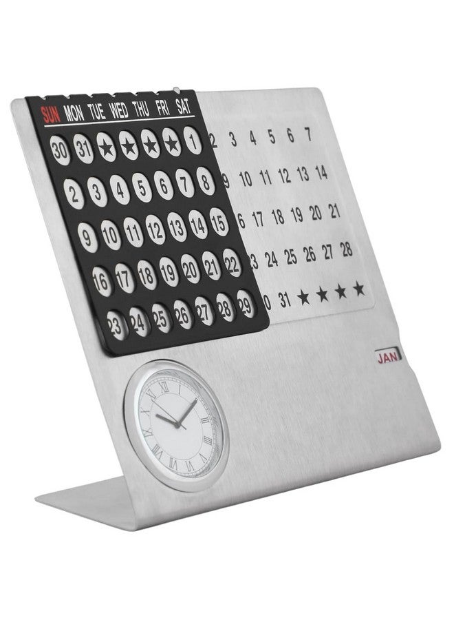 ZAHEPA ZAHEPA Perpetual Calendar, Lifetime Table Calender, Permanent Desk Calander with Clock, Adjustable Date & Month Display for Home/Office/Corporate Gifts (Metal-Silver) (105 X 40 X 85 mm)  - Image 2