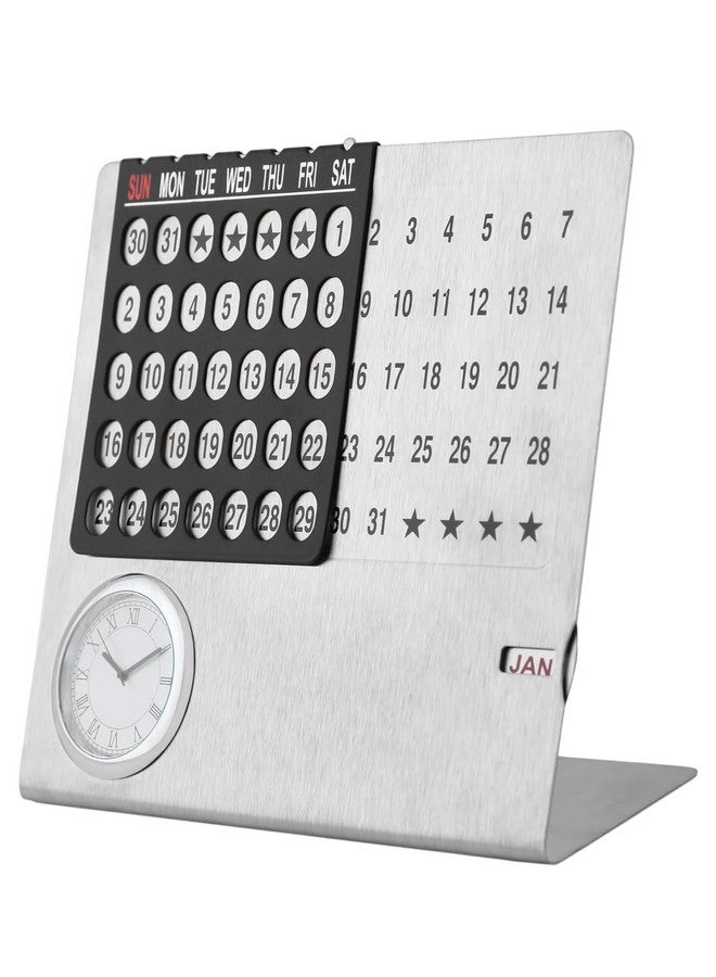 ZAHEPA ZAHEPA Perpetual Calendar, Lifetime Table Calender, Permanent Desk Calander with Clock, Adjustable Date & Month Display for Home/Office/Corporate Gifts (Metal-Silver) (105 X 40 X 85 mm)  - Image 1