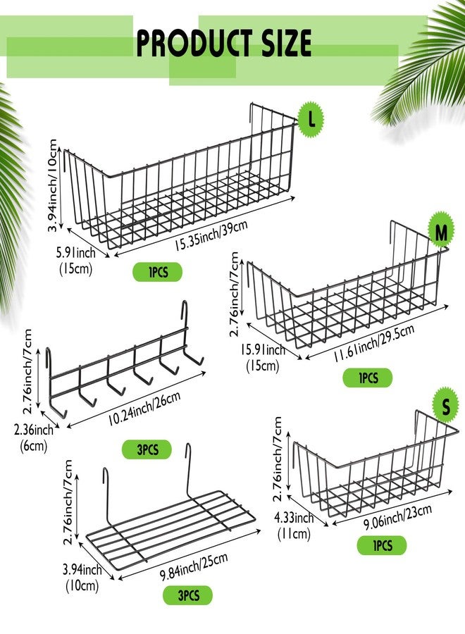 Yaocom 9 Pcs Grid Wall Shelves Gridwall Accessories Wall Grid Panel Hanging Basket with Hooks Set Includes 3 Basket 3 Wire Straight Shelf 3 Hooks Rack for Home Storage Display Organizer(Black) - Image 2