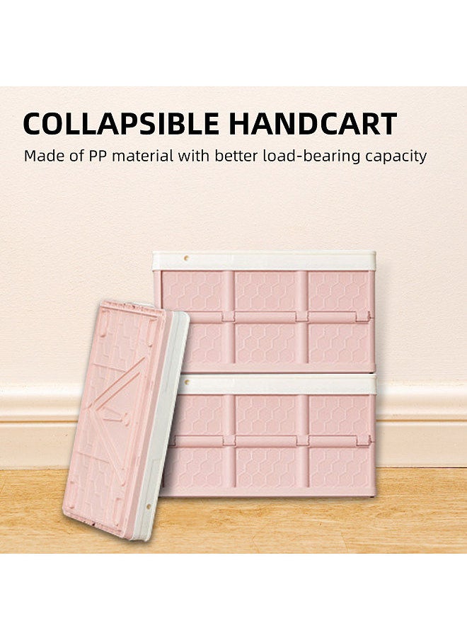 Collapsible Handcart Rolling Utility Cart Folding Shopping Cart with Lid Folding and Collapsible Hand Crate with Lid 4 Wheel Rolling Cart 30 Liter Large Capacity Pink