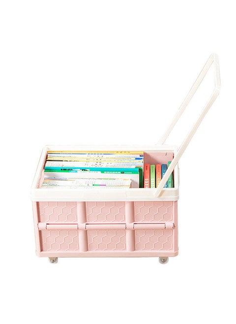 Collapsible Handcart Rolling Utility Cart Folding Shopping Cart with Lid Folding and Collapsible Hand Crate with Lid 4 Wheel Rolling Cart 30 Liter Large Capacity Pink
