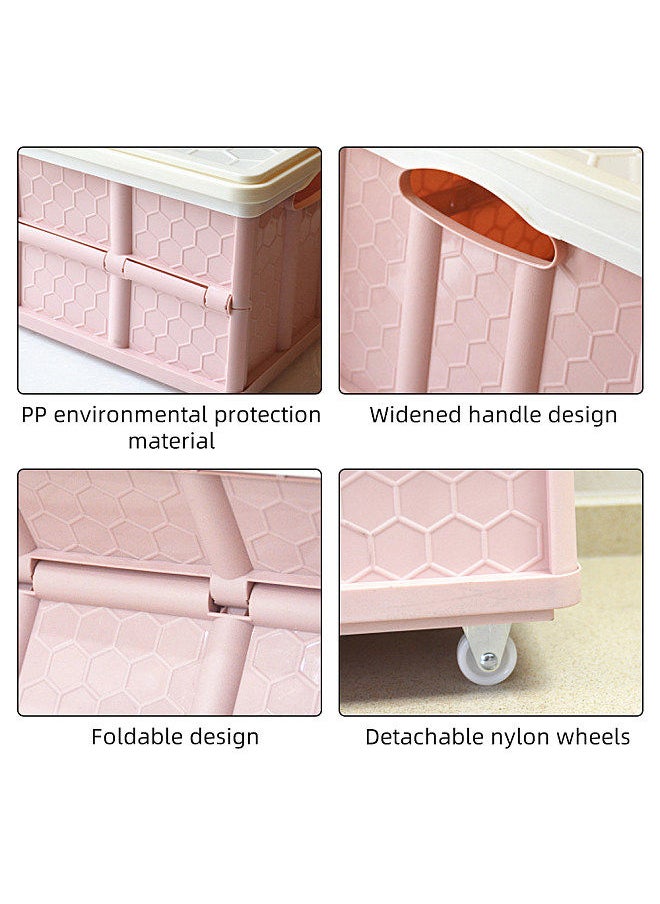 Collapsible Handcart Rolling Utility Cart Folding Shopping Cart with Lid Folding and Collapsible Hand Crate with Lid 4 Wheel Rolling Cart 30 Liter Large Capacity Pink