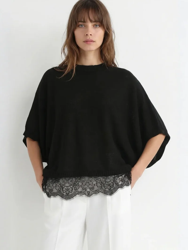 Happiness İstanbul ISTANBUL Lace Knit Crew Neck Top