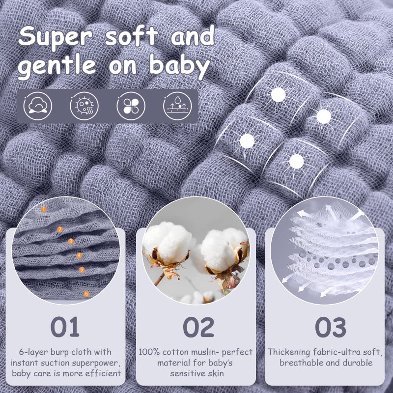 Looxii Muslin Burp Cloths 100% Cotton Muslin Cloths Large 20''x10'' Extra Soft and Absorbent 6 Pack Baby Burping Cloth for Boys and Girls (Fog Blue) - Image 3