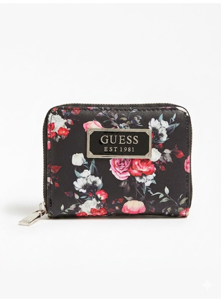 GUESS Women’s Black Floral Zip Around Wallet – Elegant Printed Wallet with Logo Plaque