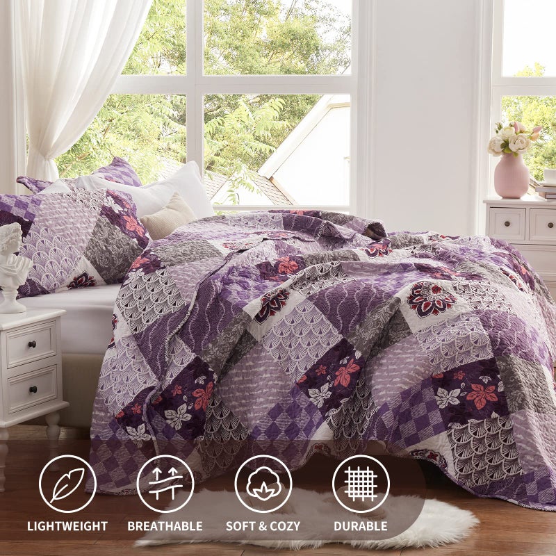 LEAONME Full/Queen Size Quilt Set 3 Piece Lightweight Reversible Bedspread-90''x98'' Soft Patchwork Floral Coverlet Luxurious Warm Microfiber Bed Cover All Seasons Purple Bedding Set(1 Quilt,2 Pillow Shams) - Image 2