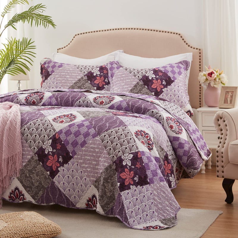 LEAONME Full/Queen Size Quilt Set 3 Piece Lightweight Reversible Bedspread-90''x98'' Soft Patchwork Floral Coverlet Luxurious Warm Microfiber Bed Cover All Seasons Purple Bedding Set(1 Quilt,2 Pillow Shams) - Image 1