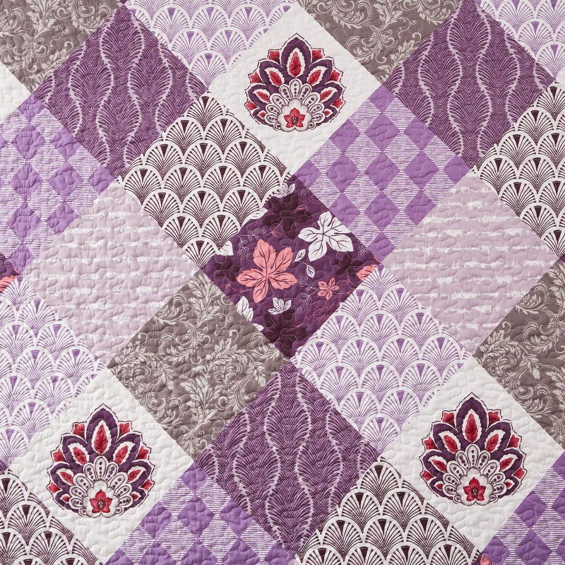 LEAONME Full/Queen Size Quilt Set 3 Piece Lightweight Reversible Bedspread-90''x98'' Soft Patchwork Floral Coverlet Luxurious Warm Microfiber Bed Cover All Seasons Purple Bedding Set(1 Quilt,2 Pillow Shams) - Image 4