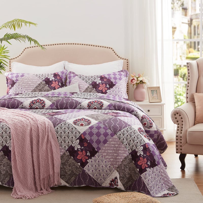 LEAONME Full/Queen Size Quilt Set 3 Piece Lightweight Reversible Bedspread-90''x98'' Soft Patchwork Floral Coverlet Luxurious Warm Microfiber Bed Cover All Seasons Purple Bedding Set(1 Quilt,2 Pillow Shams) - Image 3