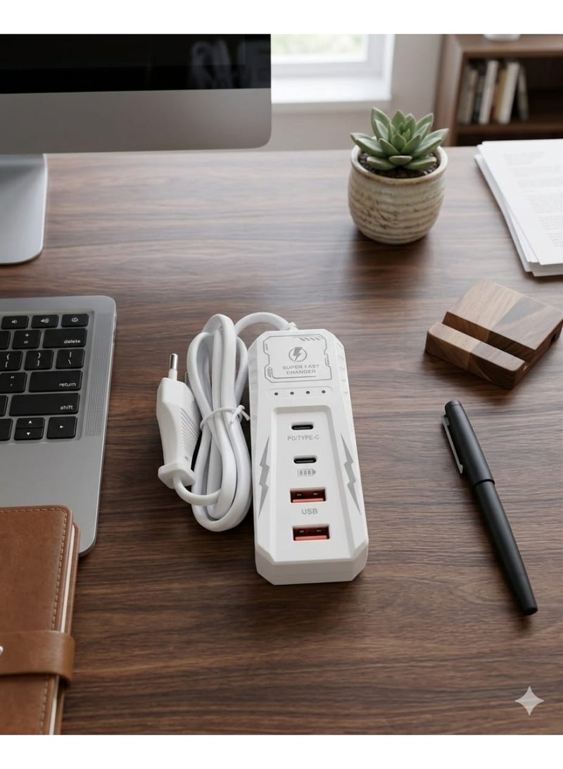 شاحن جداري سريع 4 منافذ (2x PD Type-C + 2x USB) مع كابل تمديد - أبيض