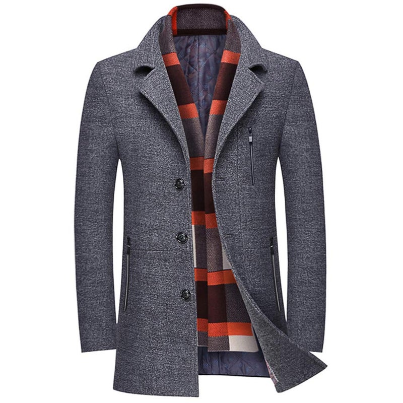 WULFUL Men’s Wool Blend Winter Coat Slim Fit Short Trenchcoat Warm Business Jacket with Detachable Soft Wool Scarf - Image 1