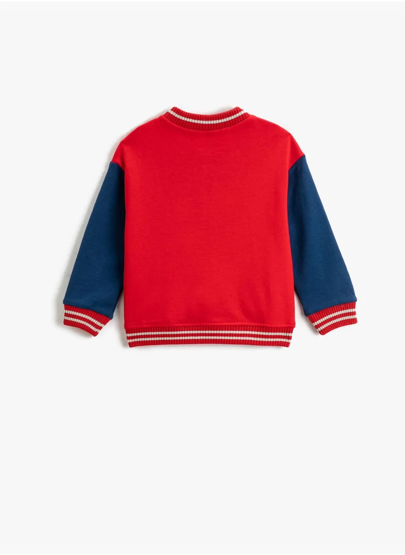 KOTON Varsity Jacket Color Block Pockets Snap Closure Round Neck Cotton