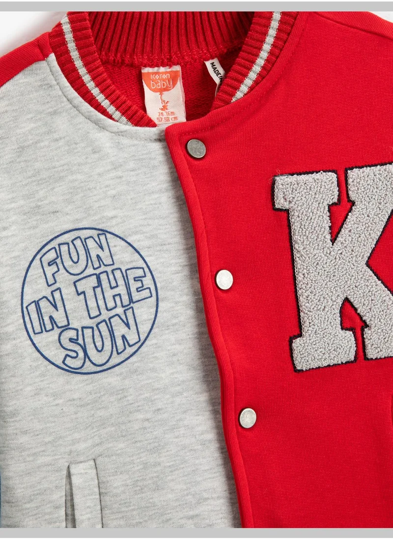 KOTON Varsity Jacket Color Block Pockets Snap Closure Round Neck Cotton