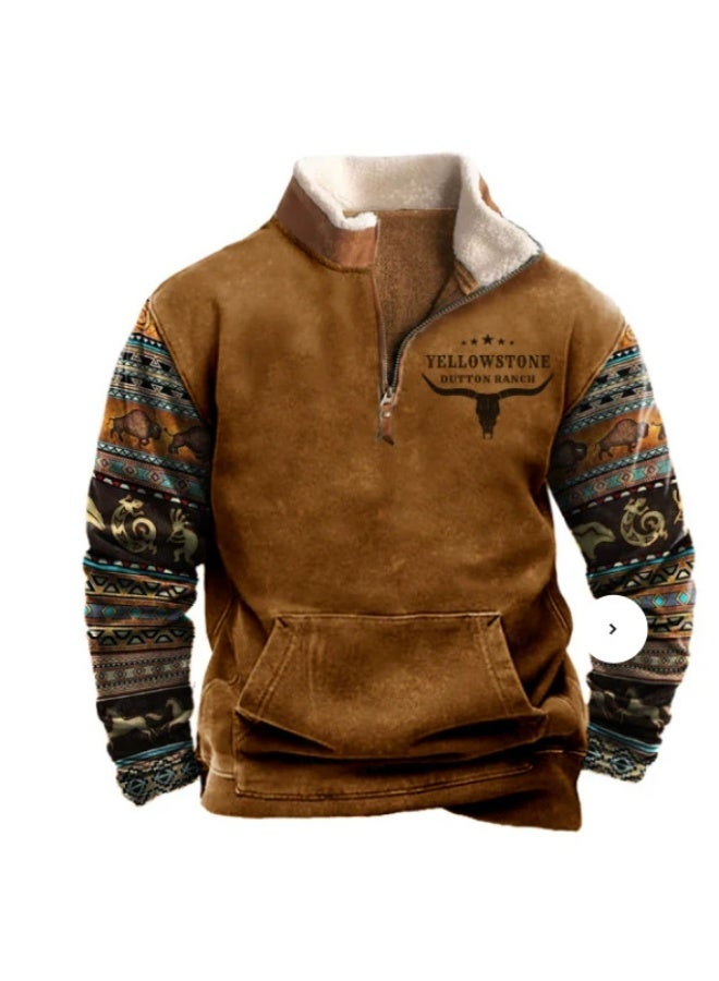 general HOTYD Men's 1/4 Zip Fleece Stand Collar Sweatshirt Aztec Pattern Oversized Long Sleeve Pullover Hoodie - Image 1