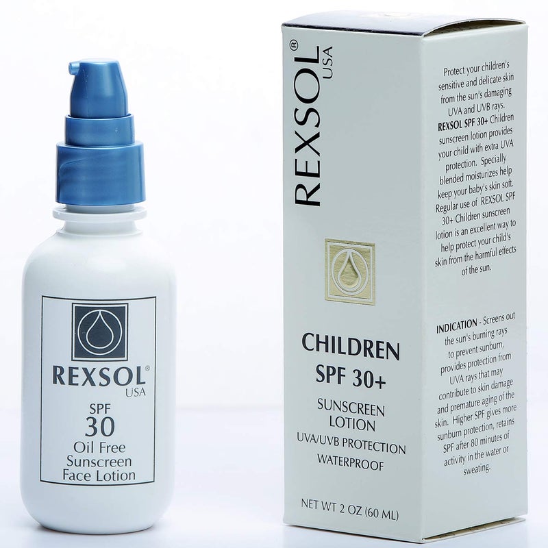 REXSOL Children SPF 30 Sunscreen UVAUVB Protection Waterproof  Enriched with vitamins A C E and natural plant extracts  With nourishing moisturizers and antioxidants 60 ml  2 fl oz