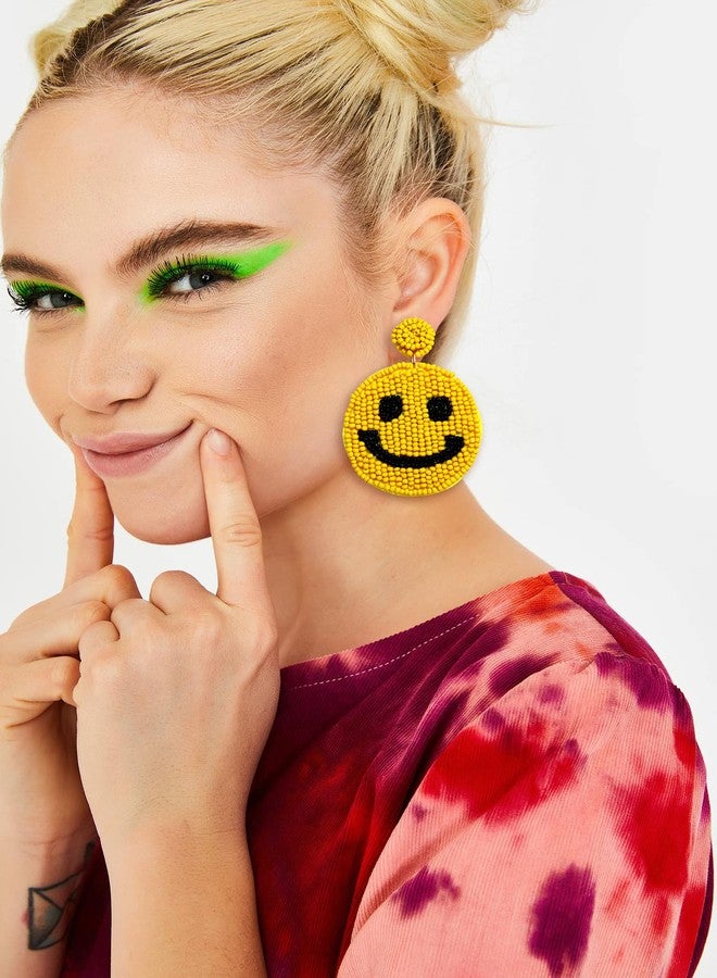 HZEYN Beaded Earrings Statement Beaded Drop Earrings Cute Happy Face Dangle Fun Earrings Summer Jewelry Gift Yellow - Image 2