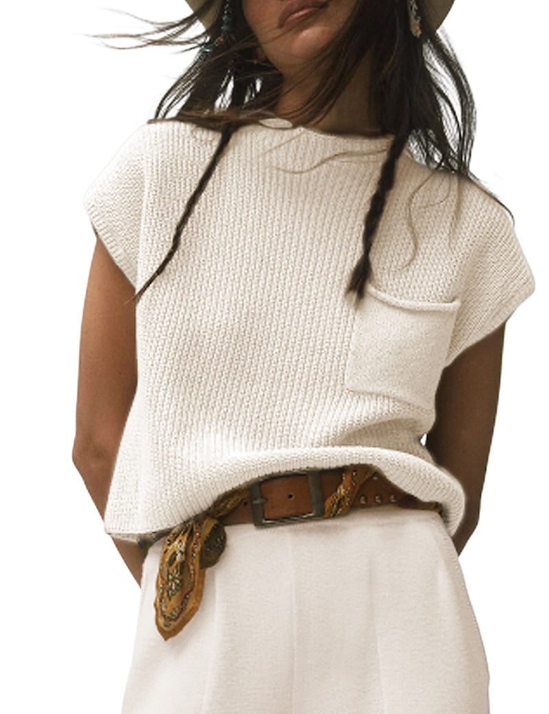 UANEO Sweater Vest Women Mock Neck Casual Cropped Knit Pullover Cap Sleeve Sweater for Women Top Spring(White-XL) - Image 1