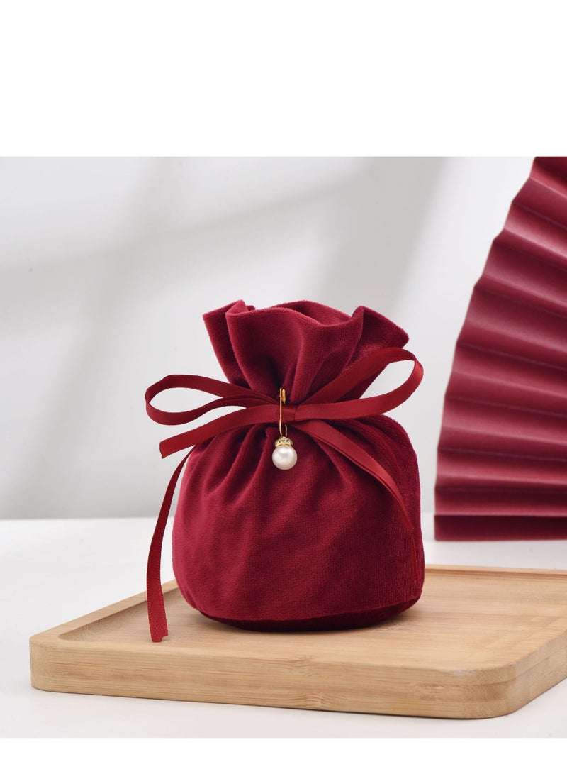 10 Pcs Velvet Bags, Round Bottom Drawstring Velvet Cloth Gift Pouches Jewelry Candy Gift Bags with Imitation Pearl Charm for Wedding Birthday Party Favors - Red - Image 1