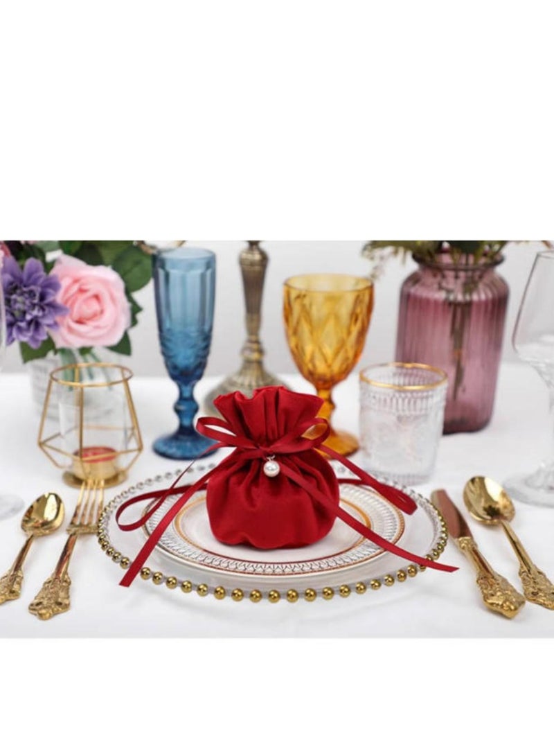 10 Pcs Velvet Bags, Round Bottom Drawstring Velvet Cloth Gift Pouches Jewelry Candy Gift Bags with Imitation Pearl Charm for Wedding Birthday Party Favors - Red - Image 2