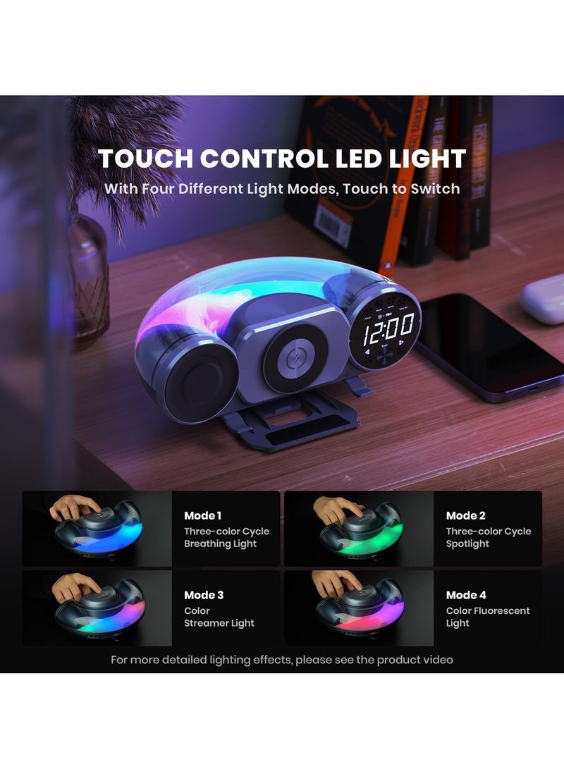 SYOSI Digital Alarm Clock FM Radio Bluetooth Speaker - 10W Fast Wireless Charger Station  USB Port  TF Card Slot - Soothing White Noise, Volume Control, Ambient Light Full Brightness Dimmer - Image 5