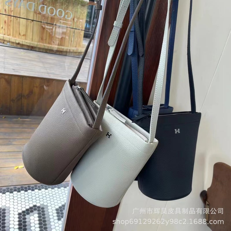 H Home Genuine Leather Large Litchi Pattern Bucket Bag Japanese And Korean -Selling New Crossbody Vertical Simple Mini Single Shoulder Mobile Phone Bag - Image 5