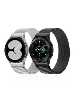 2 Packs No Gap Metal Bands for Samsung Galaxy Watch 4 (40mm/44mm) & Galaxy Watch 4 Classic (42mm/44mm) - Milanese Loop Stainless Steel Magnetic Straps for Men & Women, Black/Silver.