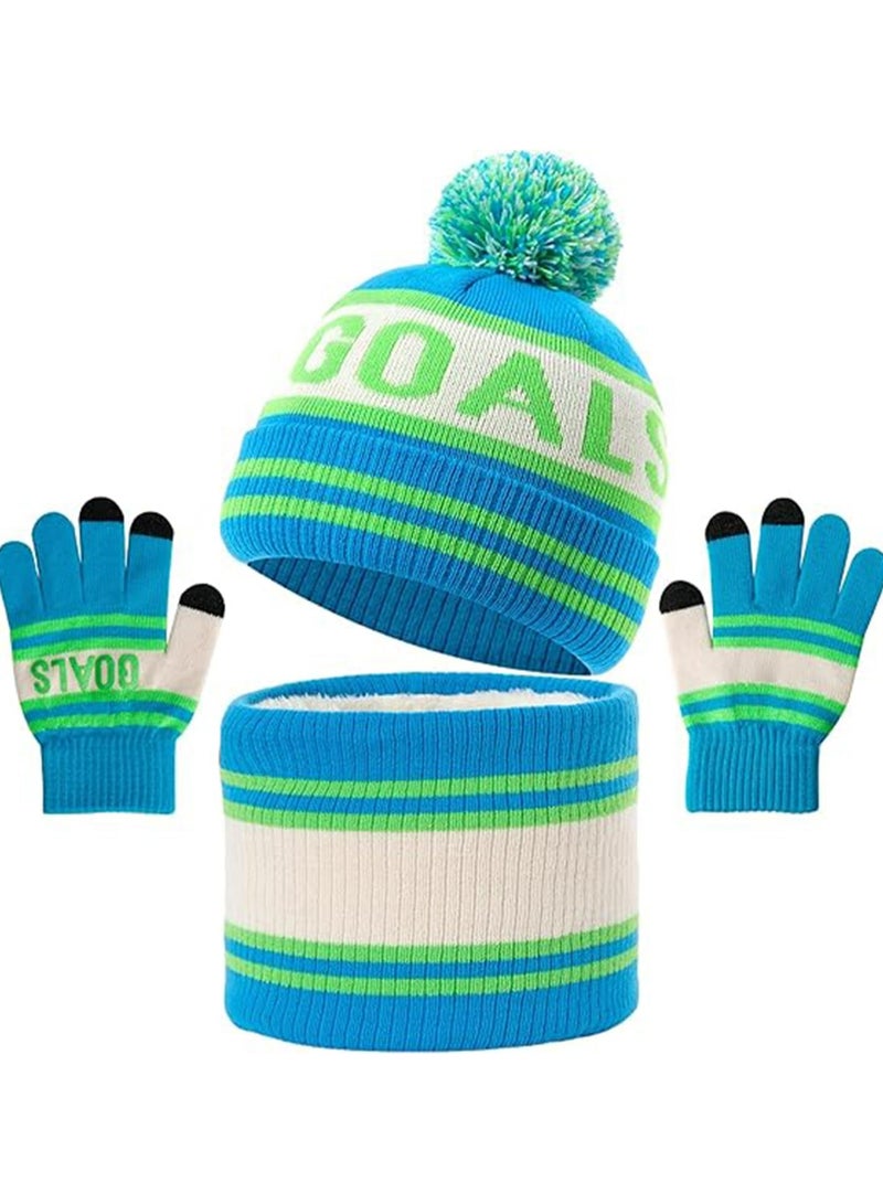 CMGTYYD Kids Winter Beanie Hat Scarf Gloves Set, Kids Knit Hat Scarf Gloves Set with Warm Fleece Lined for 4-10 Years Old Boys Girls (Blue)  - Image 1