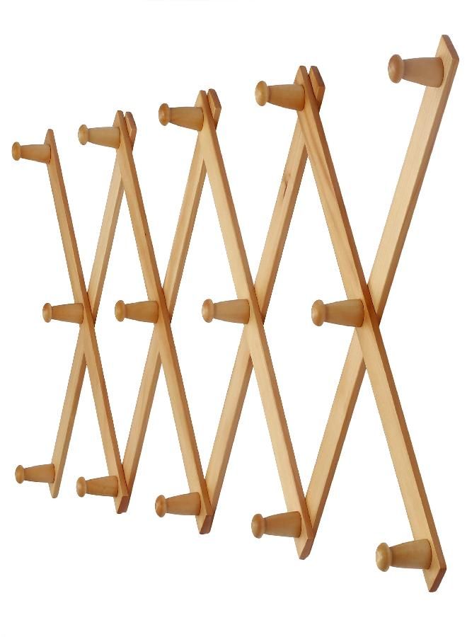 Dseap Dseap Accordian Wall Hanger: 16” High Wooden Wall Expandable Coat Rack, Hat Rack Holder, Accordion Hook for Baseball Caps, Coats, Mugs, 13 Peg Hooks, Natural 