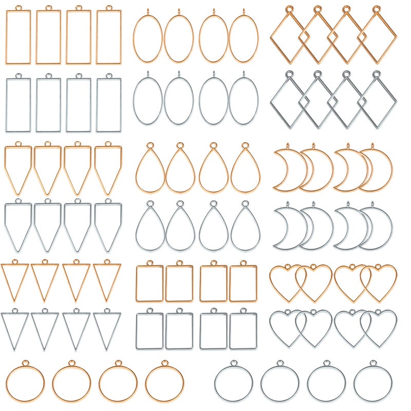 ALEXCRAFT Open Bezels for Resin 80Pcs 2 Colors 10 Styles Hollow Frames Pendants Resin Jewelry Making Supplies Necklace Pendant Mold