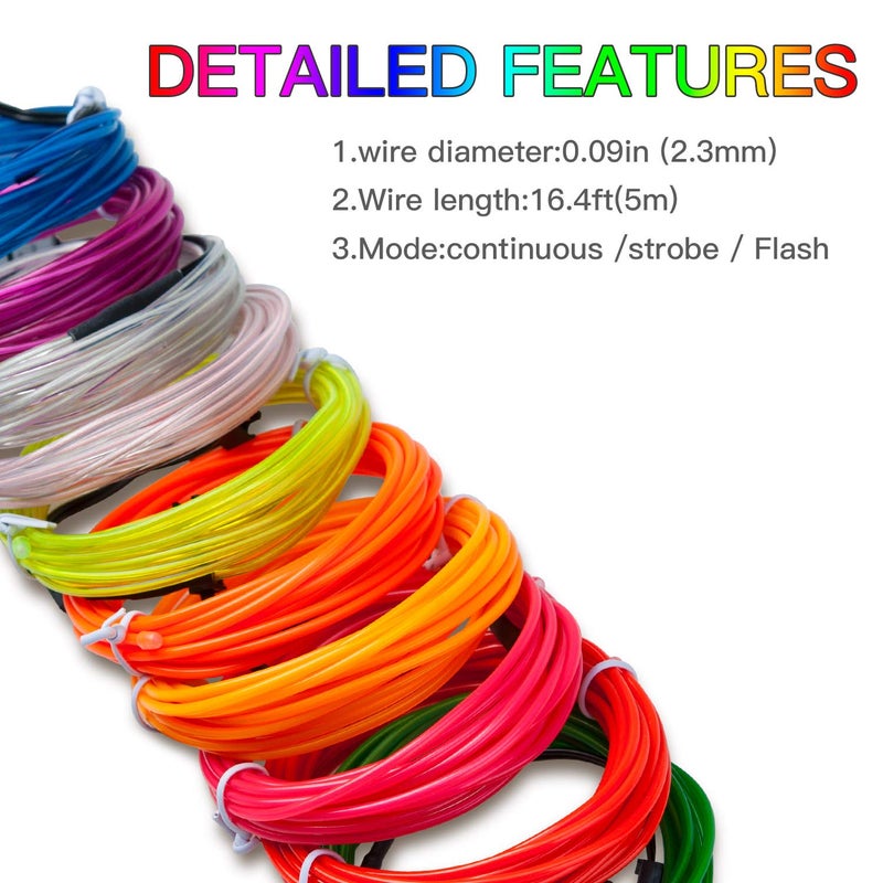 lychee 15ft EL Wire Neon Glowing Strobing Electroluminescent Light El Wire for Parties, Halloween Decoration (Red) - Image 2
