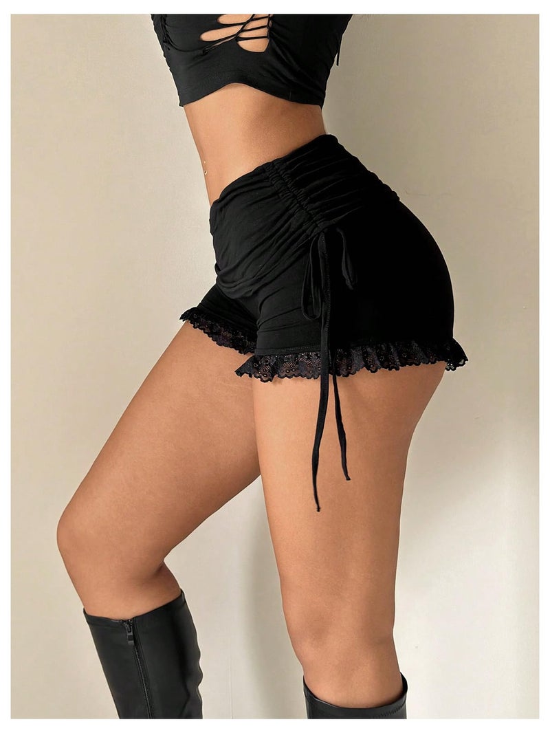 WDIRARA Women's Side Drawstring Ruched Lace Shorts Low Rise Stretchy Going Out Mini Shorts Black X-Small - Image 3