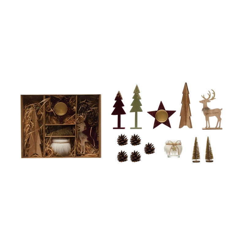Creative CoOp Candle Garden Kit with Bottle Brush Trees Tealights Pinecones and Wood Figures Boxed Set of 13