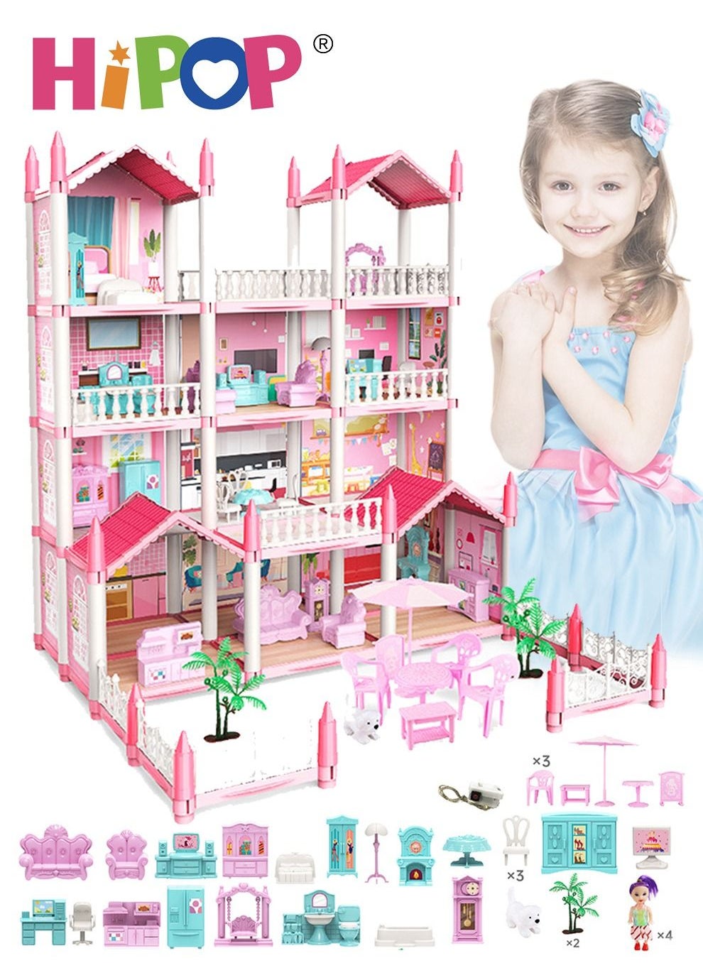 Doll House Toys,Big Size 4 Floors 14 Rooms Castle House With Decorating Dollhouse Accessories And Furniture,DIY Building Playset,Gift For Girl 