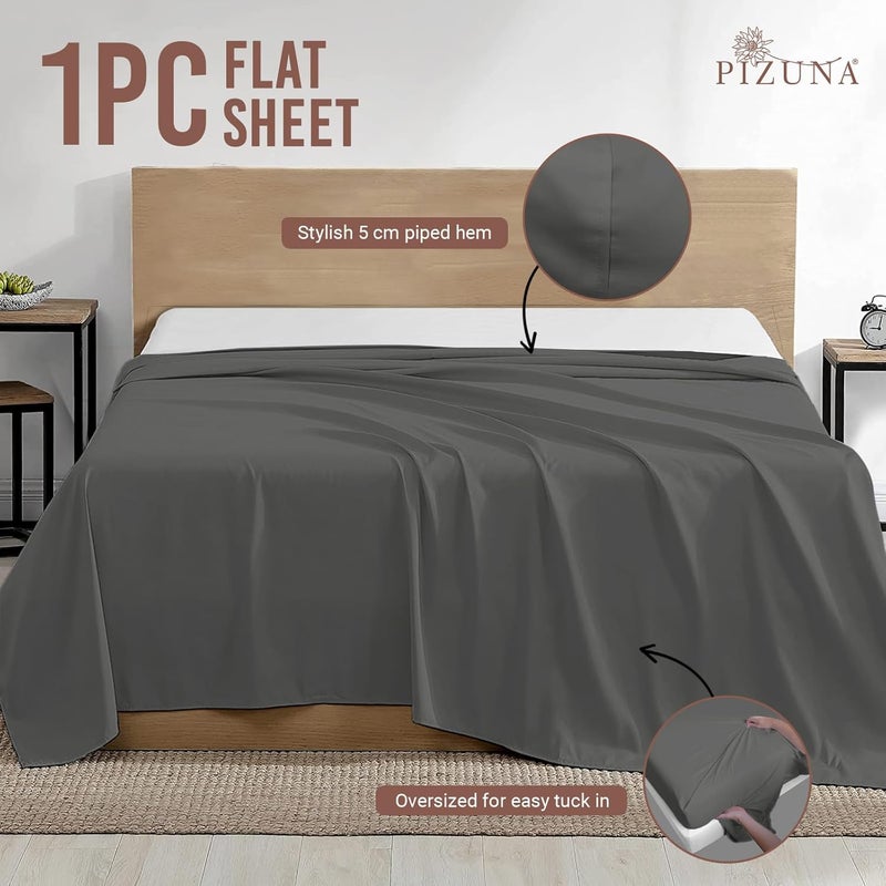 PIZUNA 100% Cotton Flat Bed Sheet Single 180x280 cm Dark Grey 1 PC, 400 Thread Count Luxurious Long Staple Cotton Sateen Weave Bed Sheet Dark Grey (ملاءة سرير مسطحة من القطن 100%) - Image 3