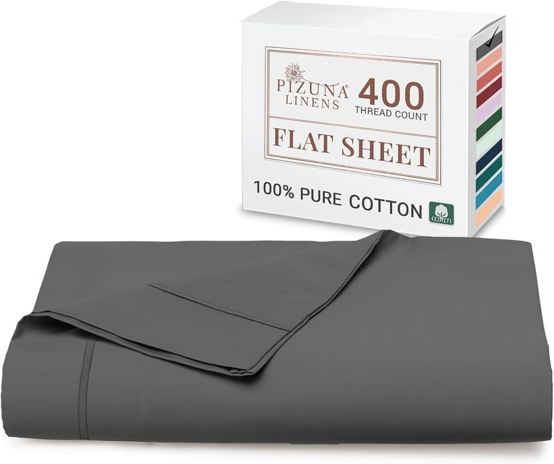 PIZUNA 100% Cotton Flat Bed Sheet Single 180x280 cm Dark Grey 1 PC, 400 Thread Count Luxurious Long Staple Cotton Sateen Weave Bed Sheet Dark Grey (ملاءة سرير مسطحة من القطن 100%) - Image 1