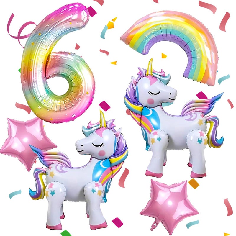 DANIUBE 6PCS Self Standing Unicorn Balloons, Unicorn Balloon, Large Rainbow Balloon, Colorful Number 6 and Star Balloons for Girl 6th Birthday Party Decorations Supplies.(6th) - Image 1