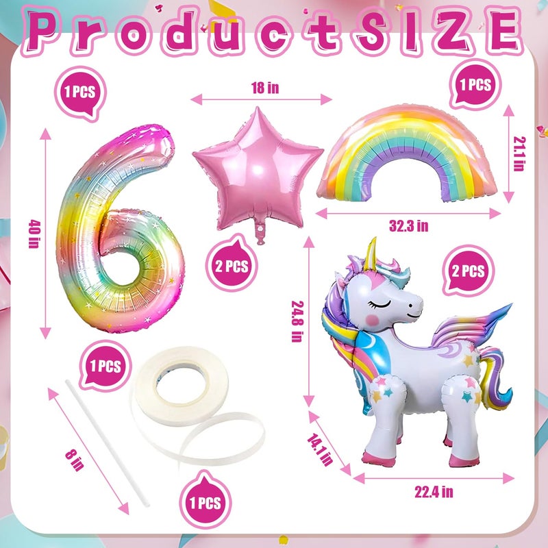 DANIUBE 6PCS Self Standing Unicorn Balloons, Unicorn Balloon, Large Rainbow Balloon, Colorful Number 6 and Star Balloons for Girl 6th Birthday Party Decorations Supplies.(6th) - Image 2