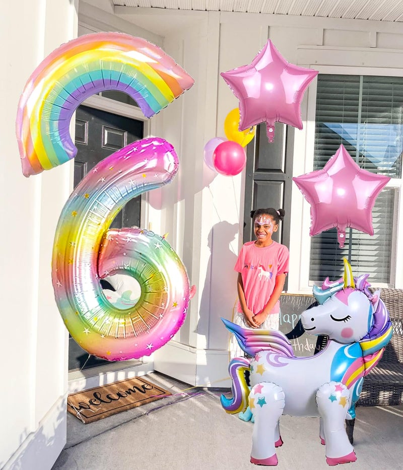 DANIUBE 6PCS Self Standing Unicorn Balloons, Unicorn Balloon, Large Rainbow Balloon, Colorful Number 6 and Star Balloons for Girl 6th Birthday Party Decorations Supplies.(6th) - Image 3
