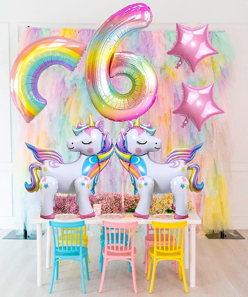 DANIUBE 6PCS Self Standing Unicorn Balloons, Unicorn Balloon, Large Rainbow Balloon, Colorful Number 6 and Star Balloons for Girl 6th Birthday Party Decorations Supplies.(6th) - Image 5