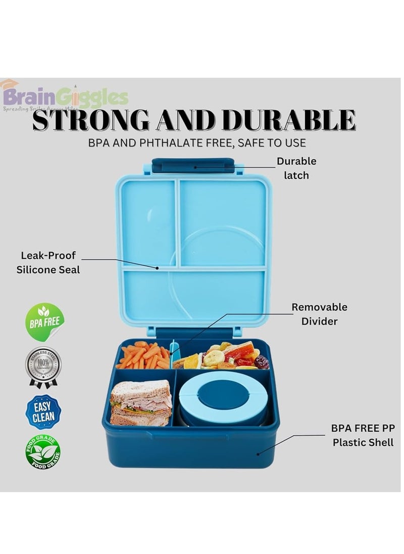 BrainGiggles BrainGiggles Insulated Bento Lunch Box for Kids - 1600ml Leak-Proof BPA-Free Thermos with Food Jar - Microwave-Safe, Portable & Easy to Clean - Ideal for School Travel Home - Blue  - Image 4