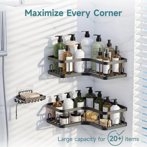 Veken Corner Adhesive Shower Caddy 3Pack with Soap HolderHooksNo Drilling Shower ShelvesRustproof Waterproof Bathroom Organizers and StorageRack for Small Spaces KitchenRentalFriendlyBlack - Image 3