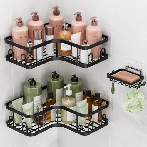 Veken Corner Adhesive Shower Caddy 3Pack with Soap HolderHooksNo Drilling Shower ShelvesRustproof Waterproof Bathroom Organizers and StorageRack for Small Spaces KitchenRentalFriendlyBlack - Image 1