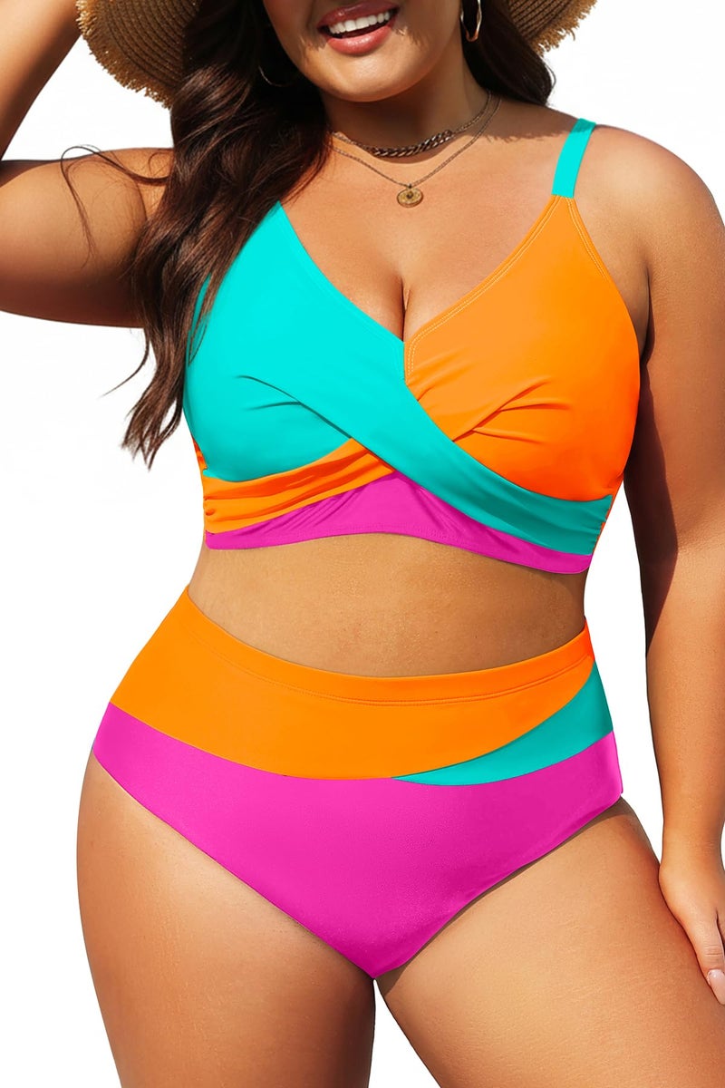 Tempt Me Plus Size Two Piece Swimsuit - Aqua Orange Pink Women High Waisted Bikini Set Tummy Control Bathing Suits 18 Plus - Image 1