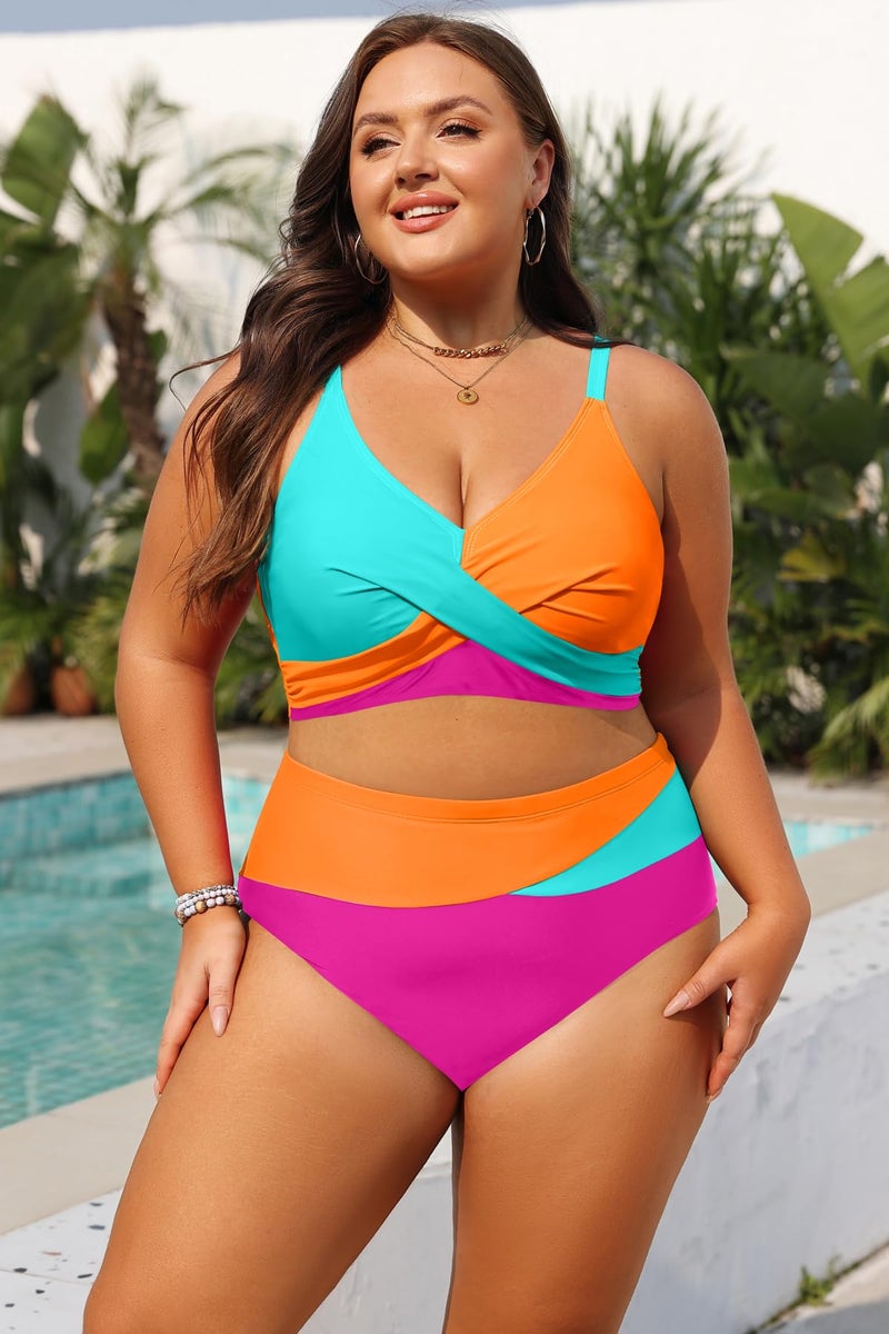 Tempt Me Plus Size Two Piece Swimsuit - Aqua Orange Pink Women High Waisted Bikini Set Tummy Control Bathing Suits 18 Plus - Image 2
